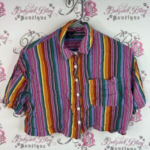 Forever 21 cropped tshirt button up crop rainbow 🌈 multicolor Striped Shirt